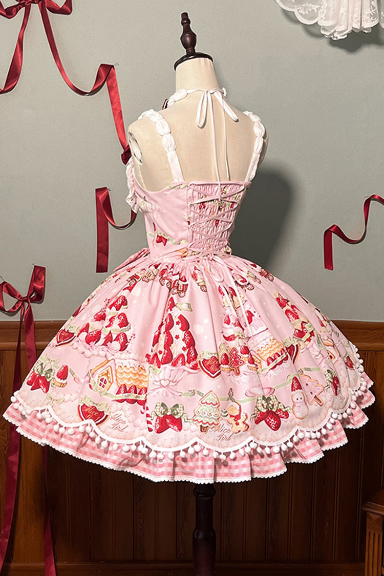 Mint Strawberry Dessert Printed Natural Waist Sweet Lolita JSK Dress - Ruffled
