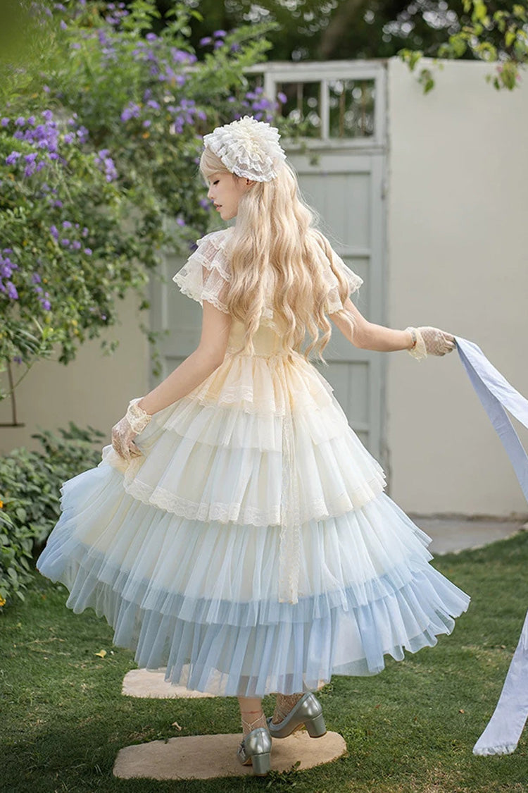 Sweet Lolita Dress with Edwardian Collar and Ombre Ruffles - Blue