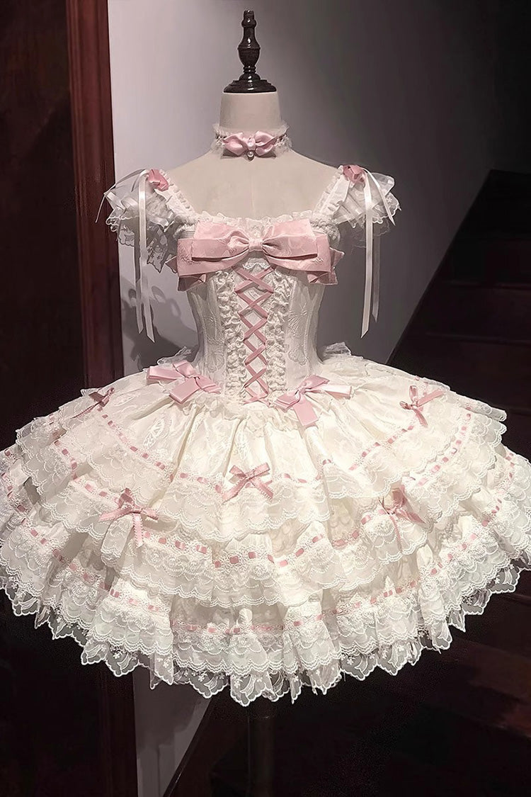 Apricot Sweet Elegant Lolita JSK Dress with Sleeveless Ruffles Bowknot Lace and Lace-Up