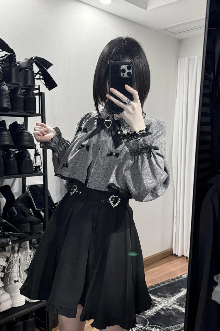 Double Heart Buckle Long Sleeve Ruffled Jirai Kei Set