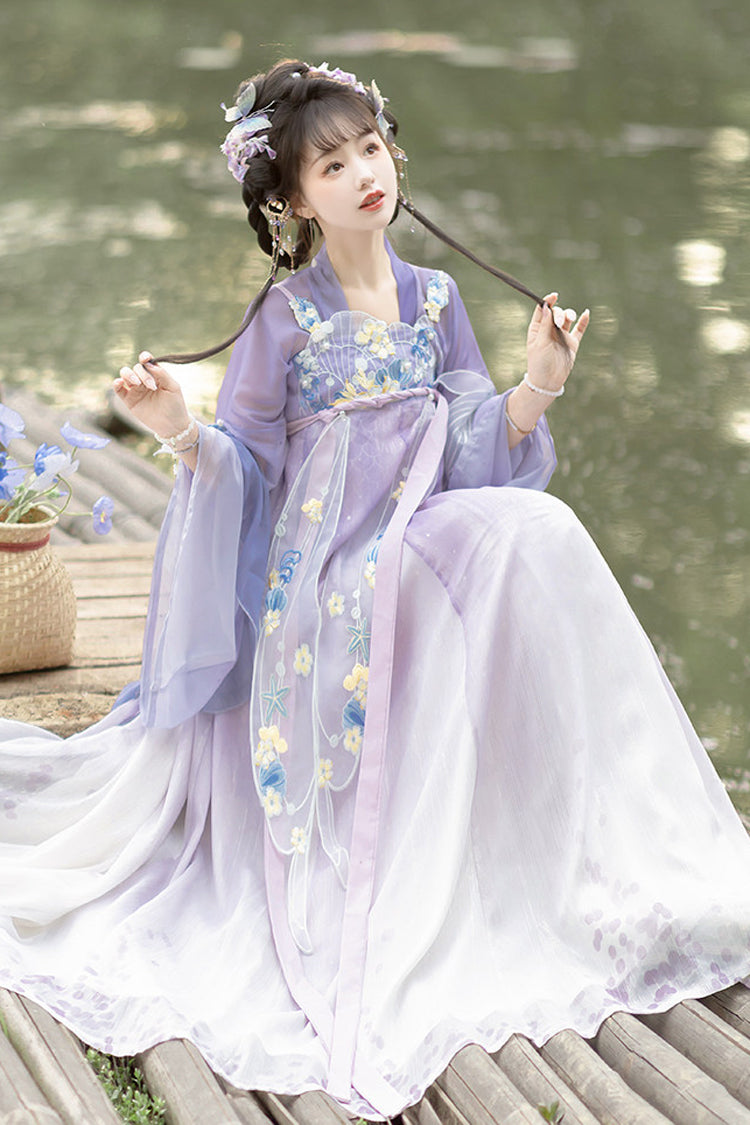 Violet Sea Princess Hime Sleeve High Waist Embroidered Hanfu Set