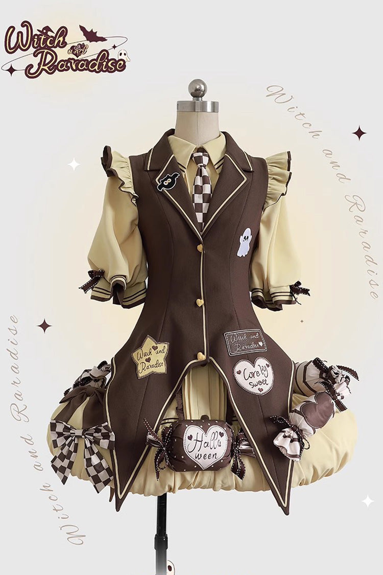 Brown/Yellow Witch and Paradise Short Sleeves Ruffle Bowknot Sweet Japanese Halloween Lolita Dress Vest Set
