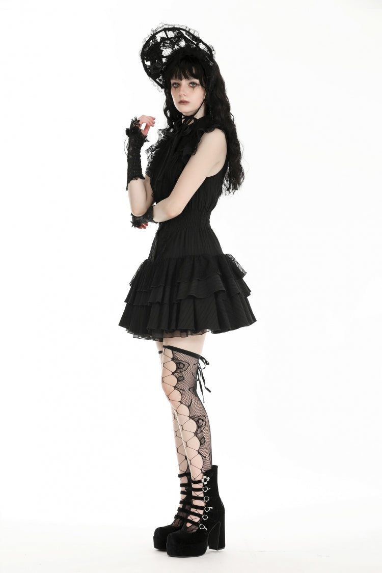 Gothic Sleeveless Black Lace Bow-Accented High-Neck Triple-Tiered Hem Long Dress