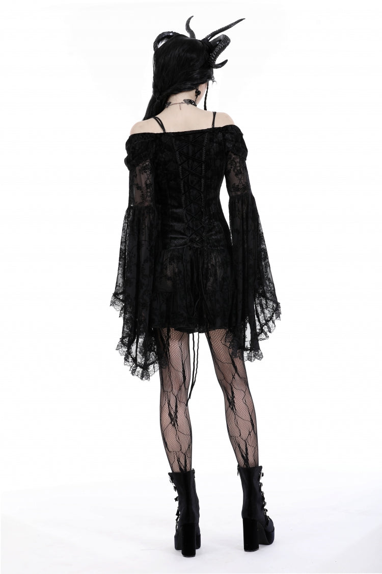 Off Shoulder Long Trumpet Sleeves Velvet Spliced Mesh Gothic Graduation Dress