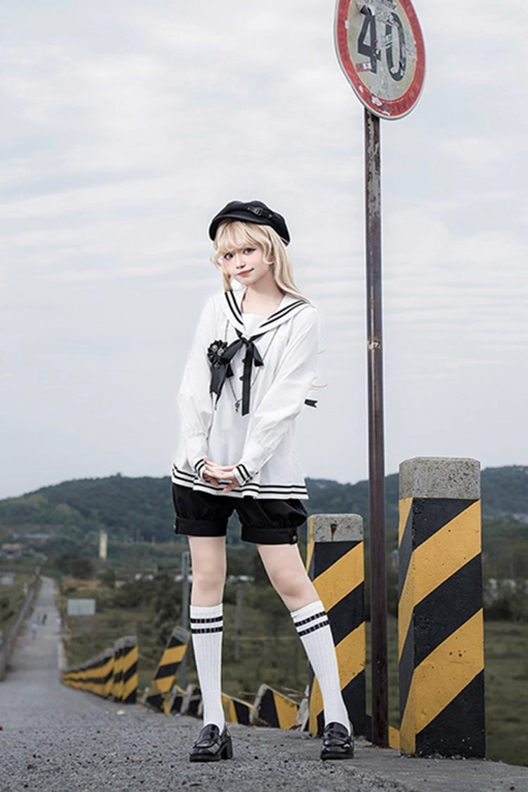 Old Stories Navy Collar Long-Sleeve Bow Ouji Gothic Lolita Set