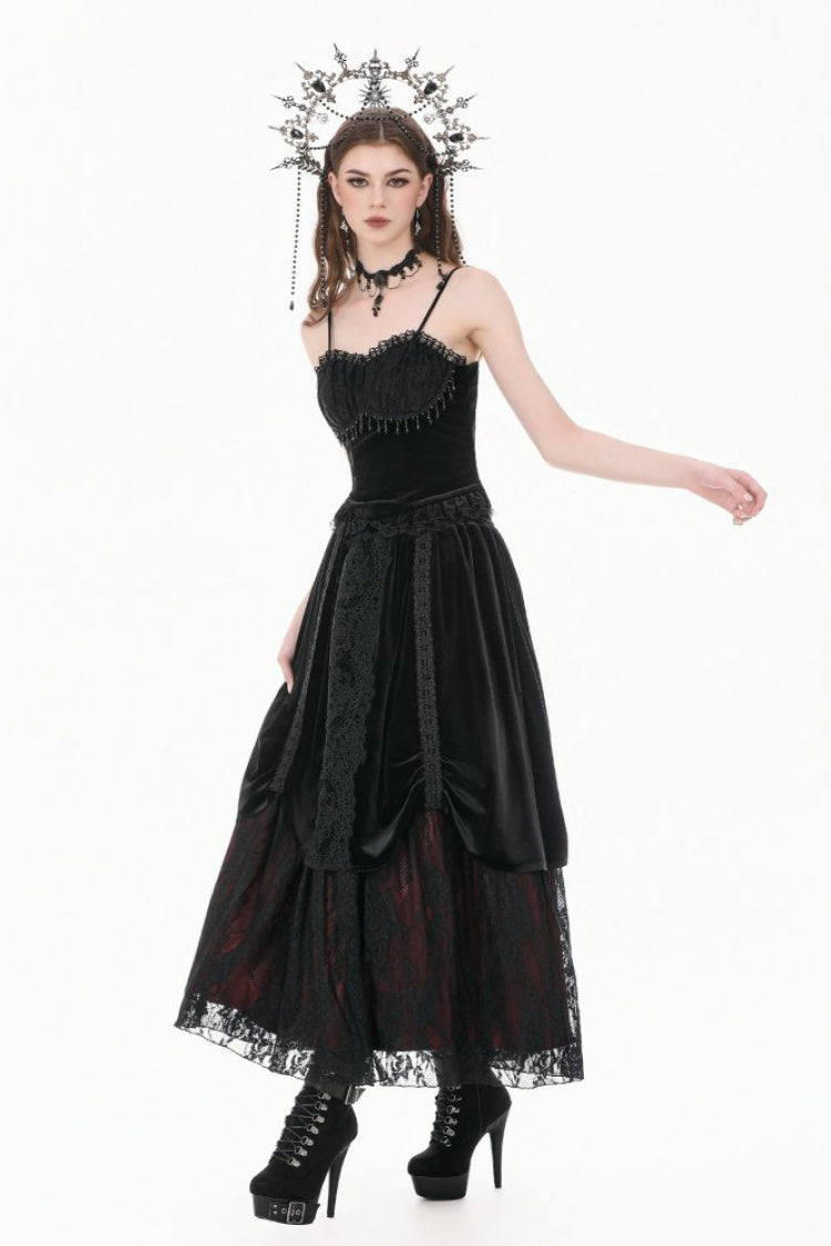 Gothic Vintage Velvet Black Lace Mesh Bustier with Beaded Tassel Drops