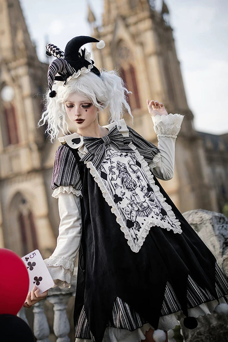 Gothic Lolita Dress Set with Ruffled Bow and Long Sleeves - Black