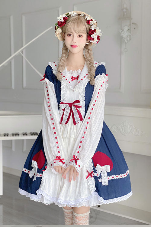 Cerulean and Ivory Round Collar Bow Long Sleeve Multi-Layer Ruffled Sweet Lolita OP Gown