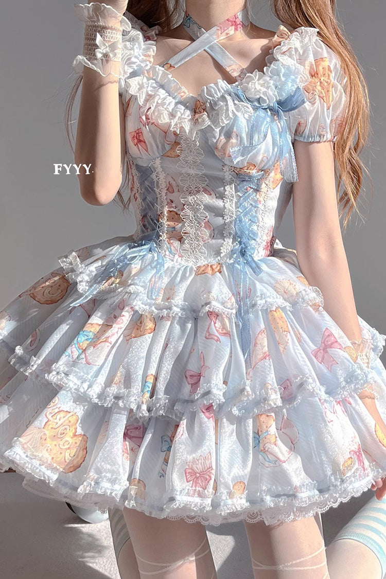 Azure Cookie-Bunny Print Sweet Dress with Multi-Layer Ruffles
