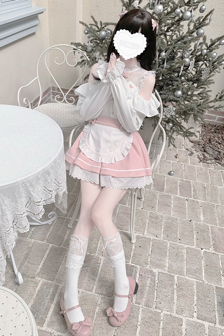 Pale Pink & White Off-Shoulder Long-Sleeve Ruffled Bow Lace Jirai Kei Skirt