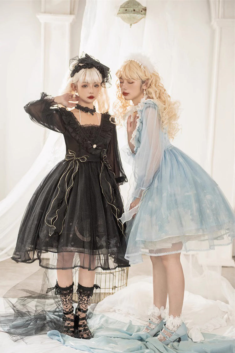 Blue Planet Butterfly Printed Ruffled Sweet Lolita Dress - High-Waisted
