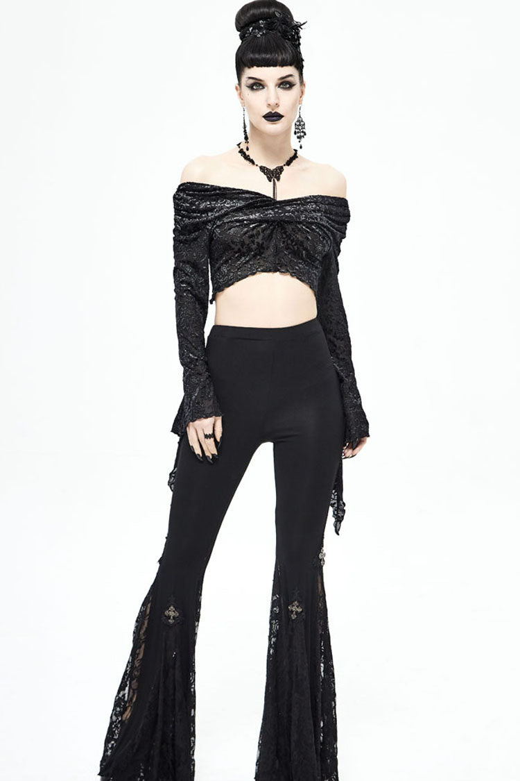 Jet-Black Off-Shoulder Punk Shirt with Burned Velvet Texture