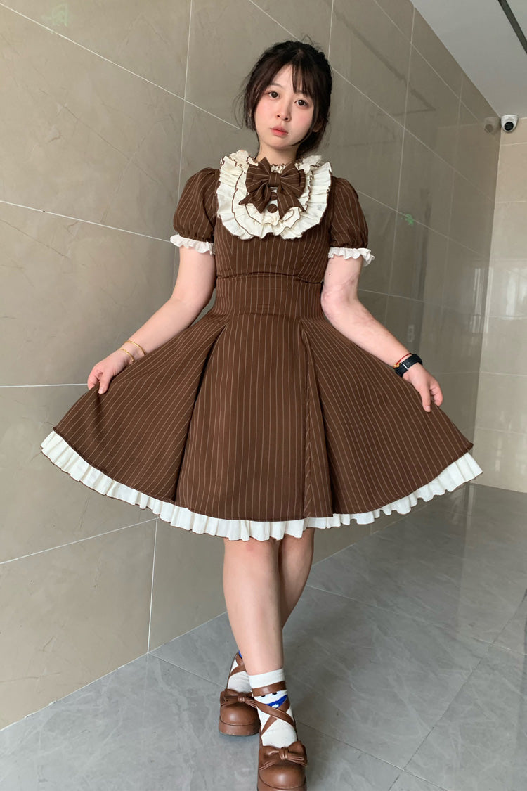 Cocoa Short Sleeve Striped Ruffle Bowknot Plus Size Maid Lolita Dress