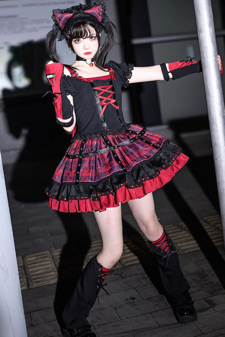 Black Red Print Ruffle Lace Up Gothic Japanese Princess Skirt Set