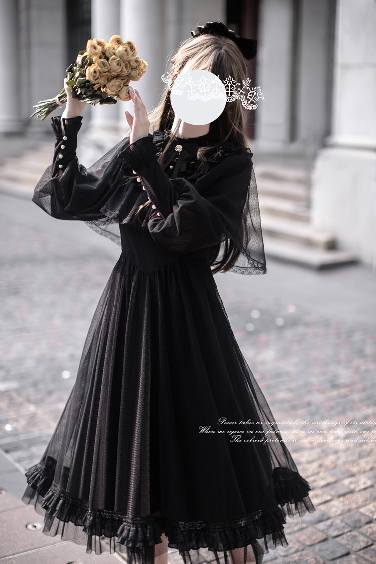 Midnight Lace-Sleeved Bow Detail Elegant Gown - Enchanted Nightdream