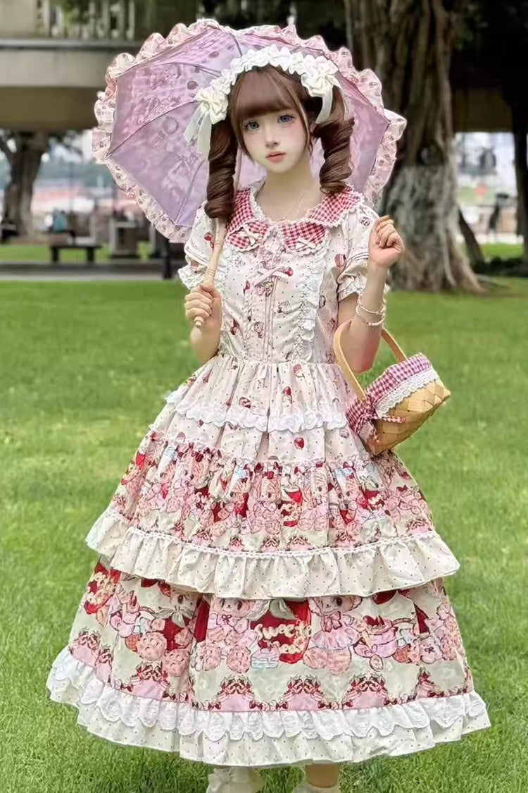 Cream Bear Strawberry Ode Print Short Sleeve Double-Layer Frilled Bow Princess Sweet Lolita JSK Dress