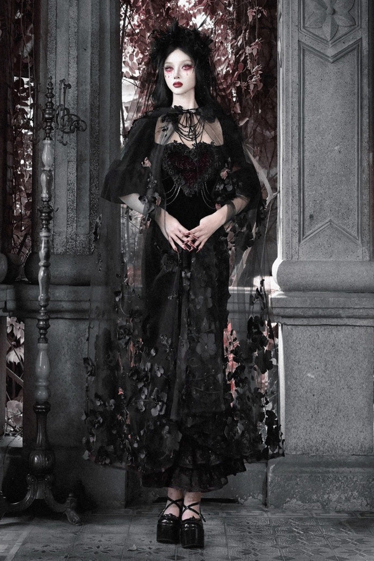 Square-Collar Embroidered Mermaid Gothic Dress in Black