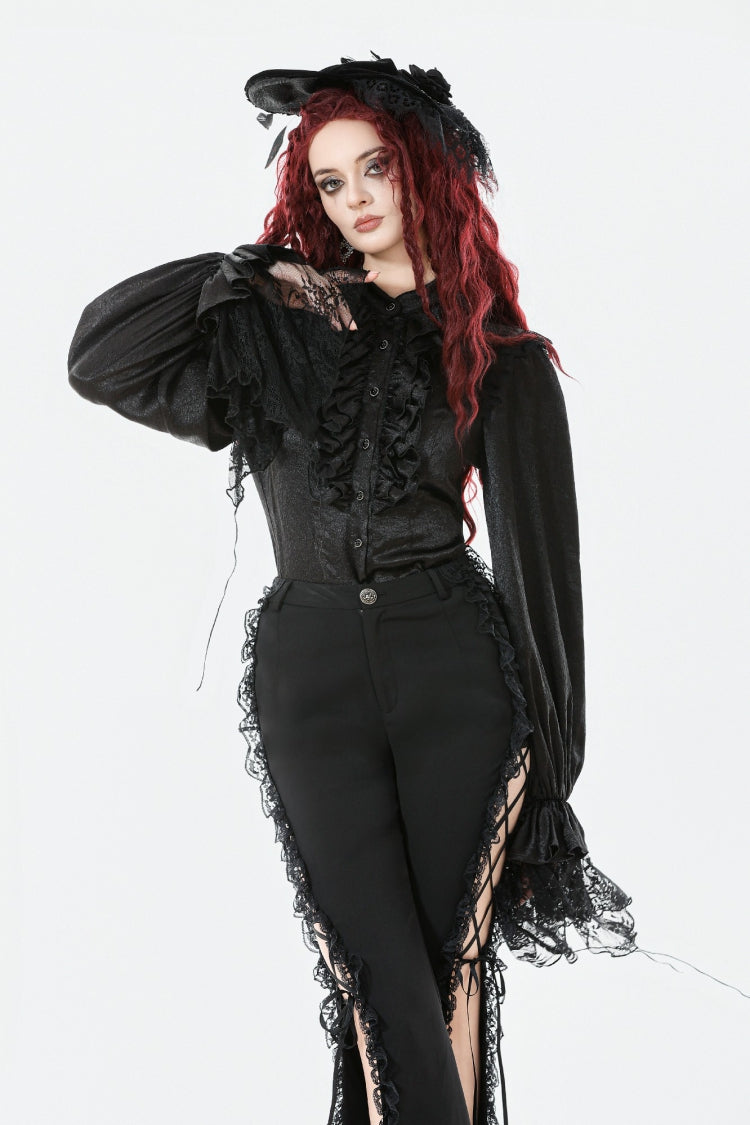Jet-Black Gothic Blouse with Lantern Sleeves and Ruffled Lace