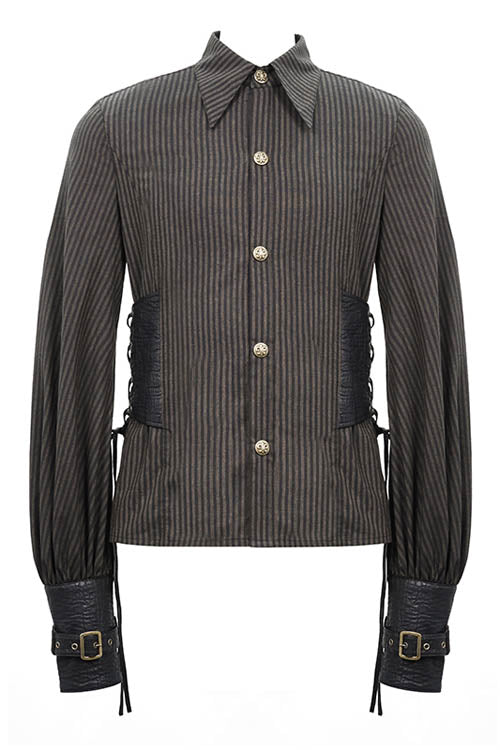 Cocoa Pinstripe Punk Waistcoat with Cinched Leather Accents