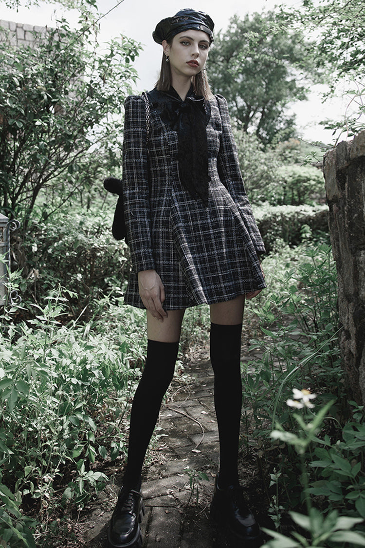 Checked Wool Velvet Bow Detail V-Neck Tie Punk Dress