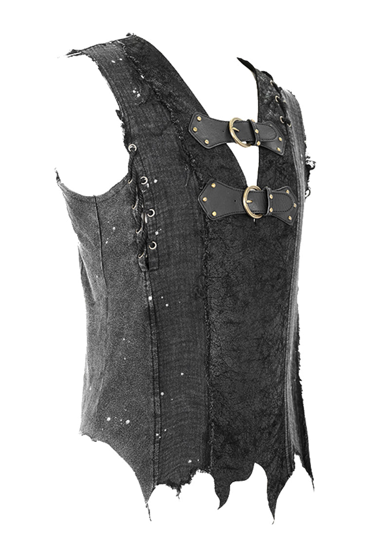 Sleeveless Buckle-Strap Punk Vest with Ripped Details