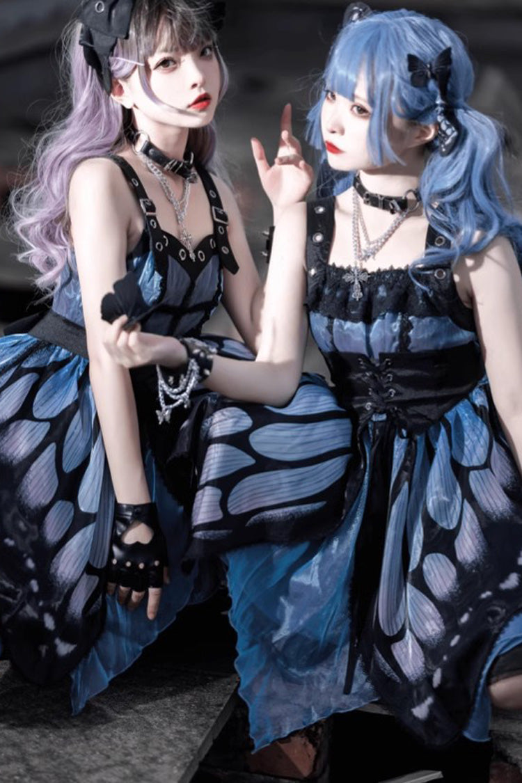 Black Blue Butterfly Effect Sleeveless Printed Girdle Gothic Punk Lolita Dress