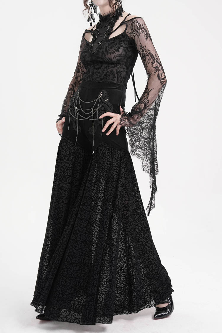 Gothic Pants with Jacquard Floral Chain and Hollow Lace