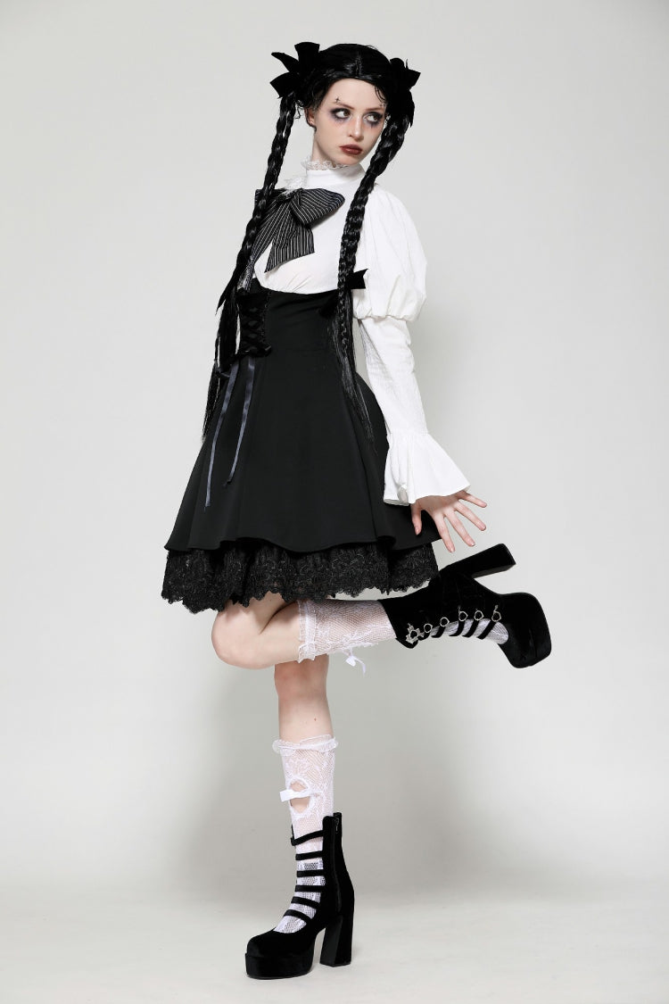 Lace High Collar Asymmetric Long Trumpet Puff Sleeves Bowknot Gothic Short Dress
