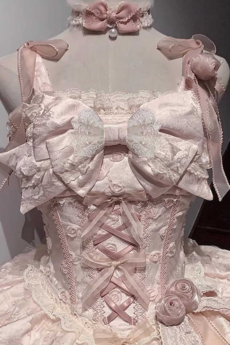 Pink Double-Layered Ruffled Embroidered Bow Lace Sweet JSK - Floral Overture