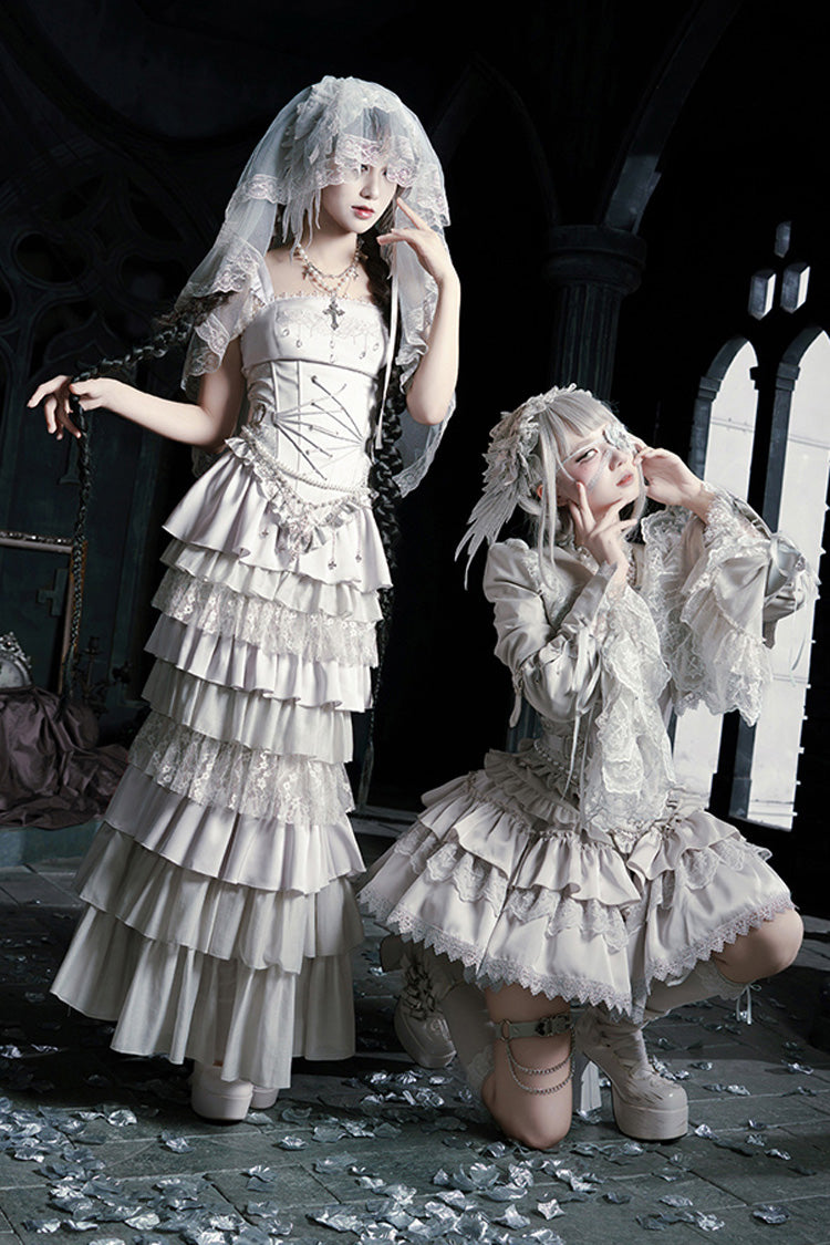 Bionic Doll Square Collar Gothic Lolita Corset Set with Fishtail Skirt, Multi-Layer Ruffles