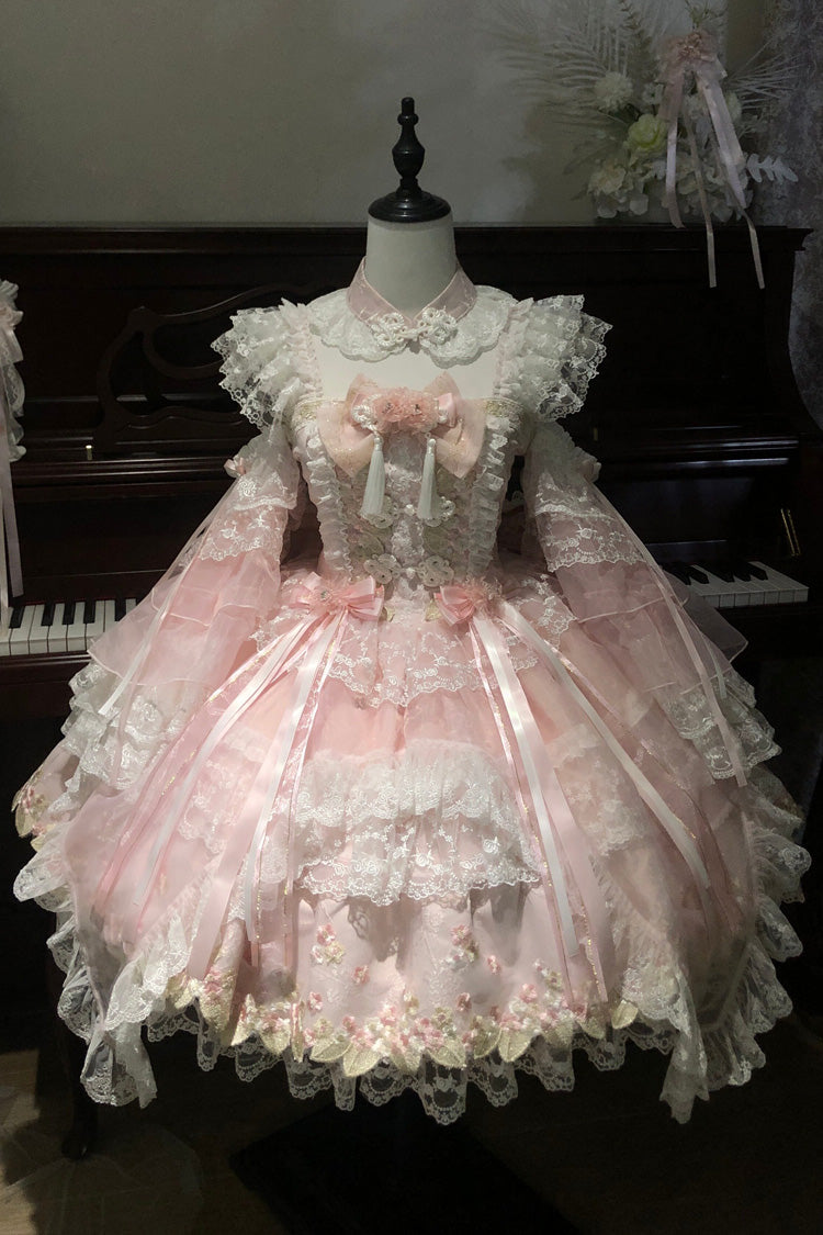 Spring Entwined with Cherry Clouds Short Sleeves Embroidered Bow Lace Sweet Chinese Style Lolita Dress - Pink