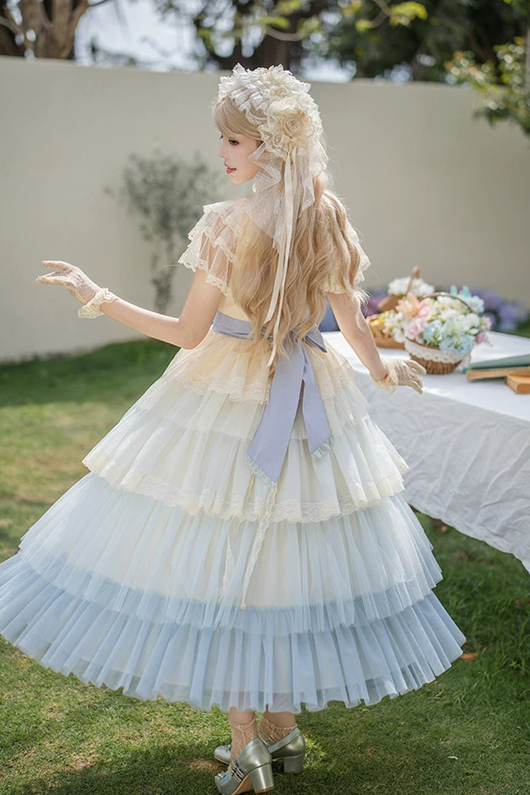 Sweet Lolita Dress with Edwardian Collar and Ombre Ruffles - Blue