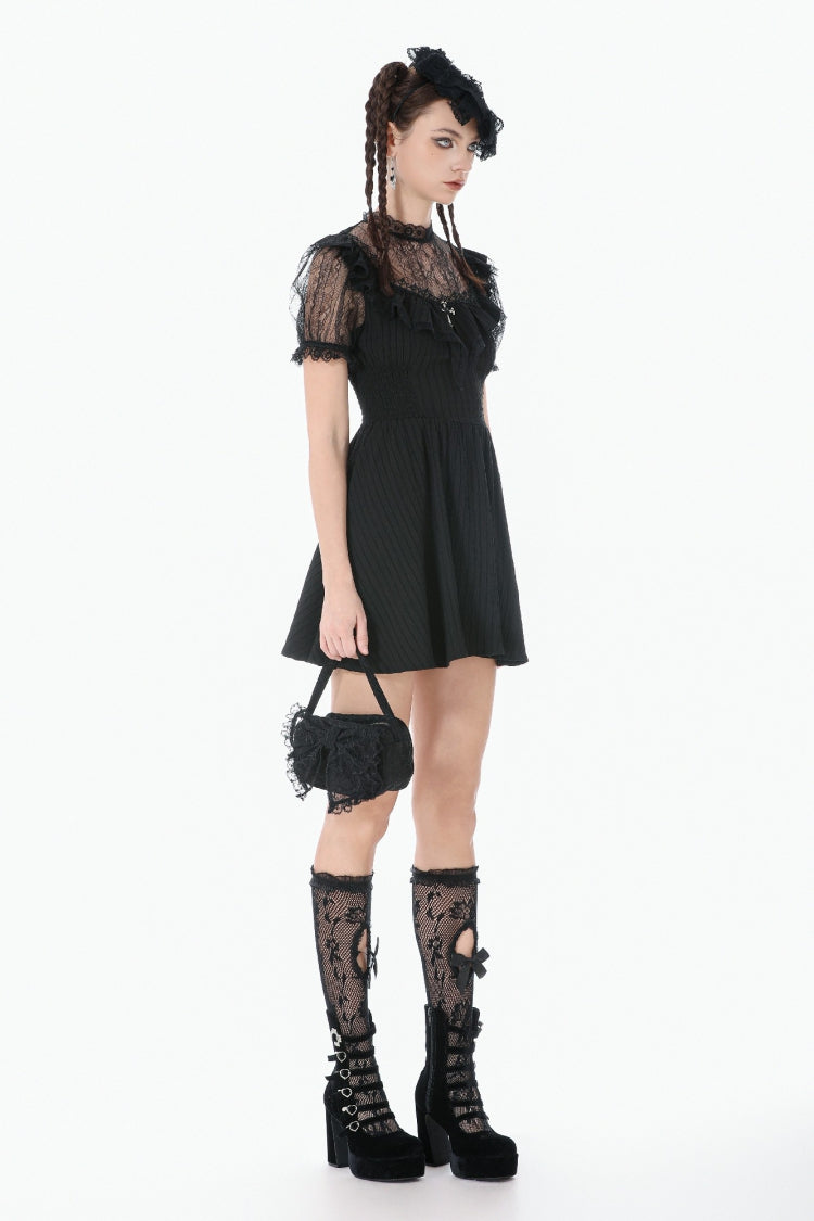 Cross Ruffled Short Sleeve Gothic Graduation Dress for Women Lace