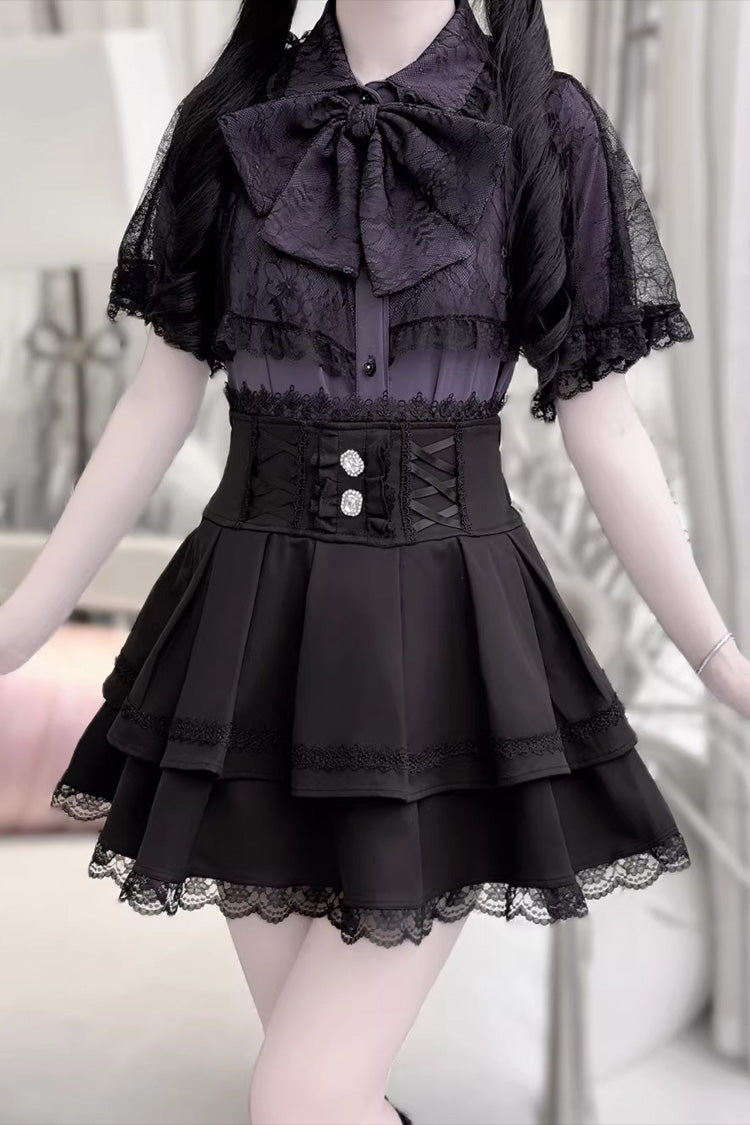 Dark Moon Shadow Double Layered Ruffled Embroidered Lace Up Gothic Lolita Set