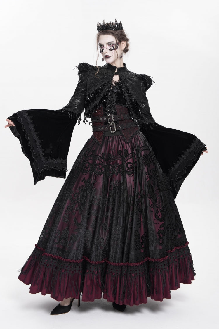 Scarlet Jacquard Embroidered Long Gothic Skirt with Buckle and Tassels