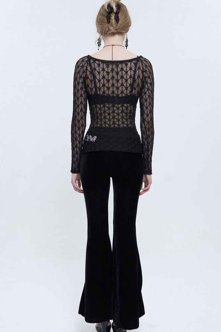 Punk Black Lace Mesh Front Red Diamond Transparent Long-Sleeve Women's Shirt
