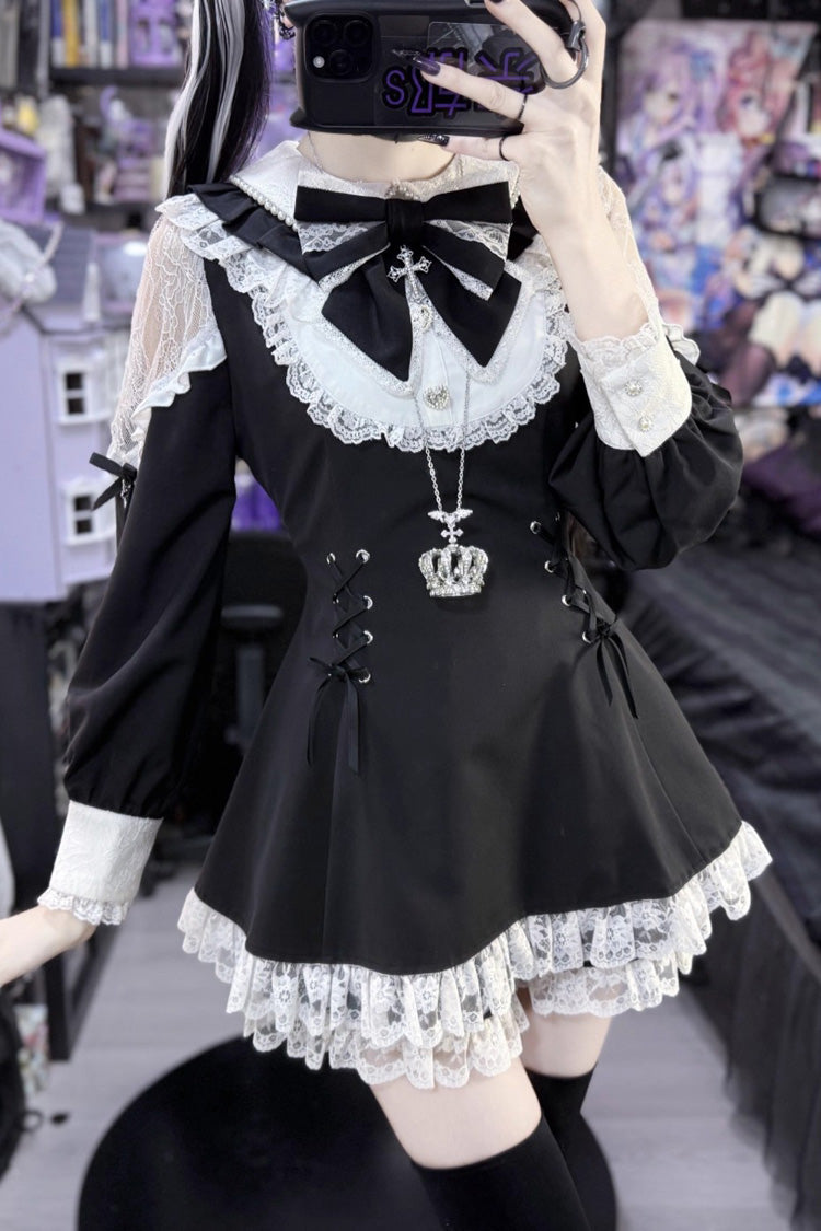 Black and White Divine Love Cut-Out Bow Lace-Up Dress and Shorts Set