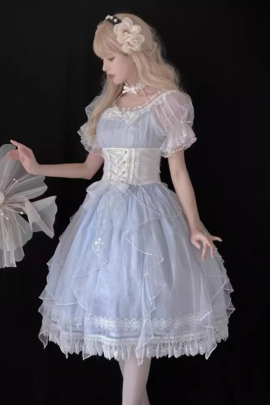 Azure Mermaid Hanayome Sweet Dress with Ruffled Short Sleeves