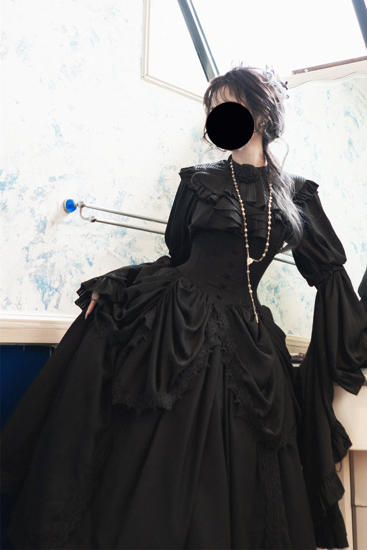 Black Sleepwalking Long Hime Sleeves Stitching Lace Plus Size Elegant Gothic Skirt Set