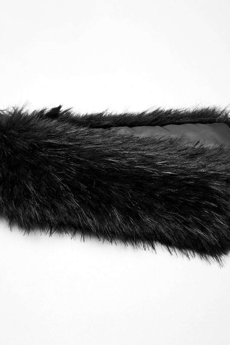 Dark Black Faux Fur Collar Jacquard Sleeveless Halter Gothic Top