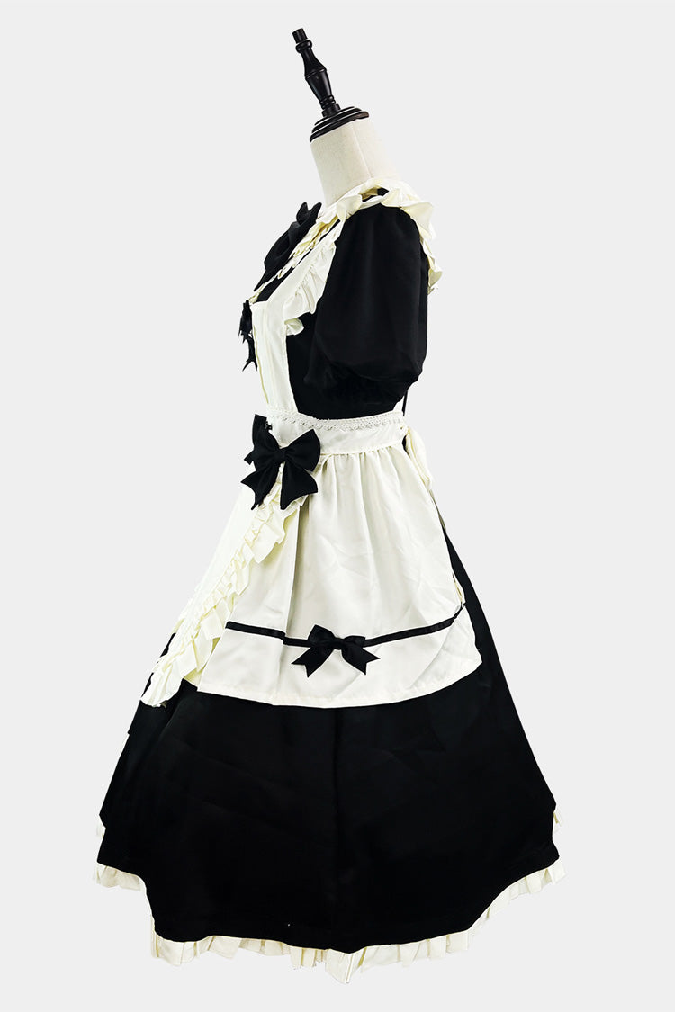 Black/White Long Sleeve Ruffled Bow Lace Plus Size Maid Dress