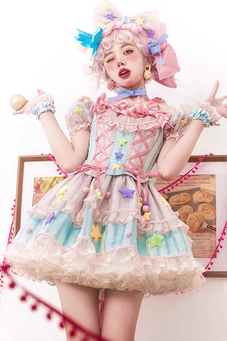 Pink Sugar Magic Print Ruffle Bow Lace Up Sweet Lolita Dress