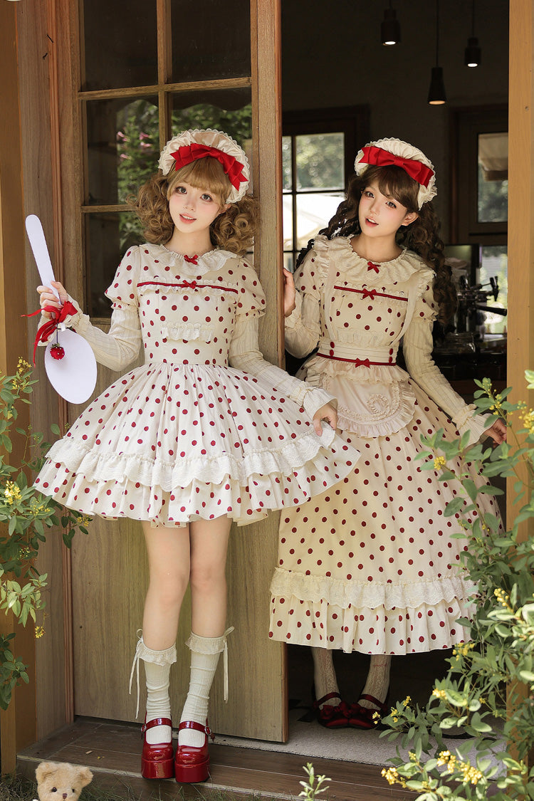Apricot Sweet Elegant Lolita Dress with Cotton Round Collar Long Lantern Sleeves Polka Dot Print Ruffled Bow Lace