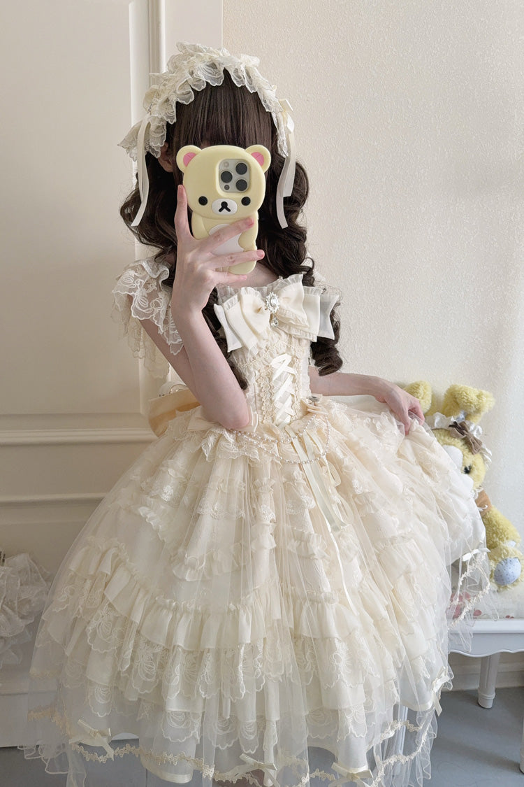 Elegant Apricot Sleeveless Tiered Ruffle Lace-Up Bow Sweet Lolita JSK Gown