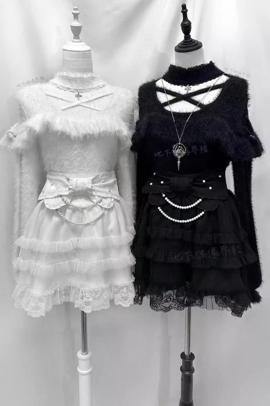 Pearl Ruffle Bow Lace Sweet Jirai Kei Skirt 2 Colors