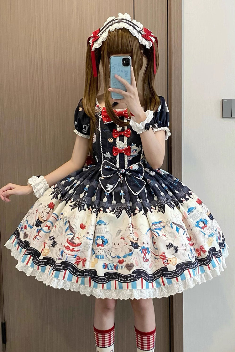 Square Collar Short Sleeve Print Ruffle Sweet Lolita Dress Black