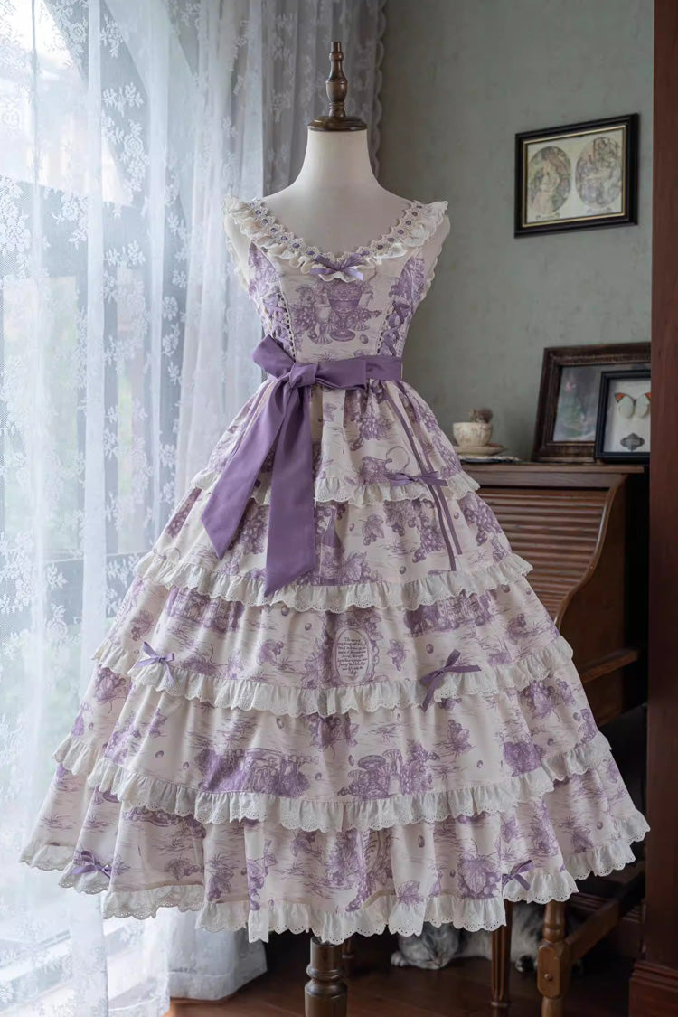 Grape Moon Almanac Violet Sleeveless Tiered Ruffled Bow Lolita JSK - Grape Moon Almanac