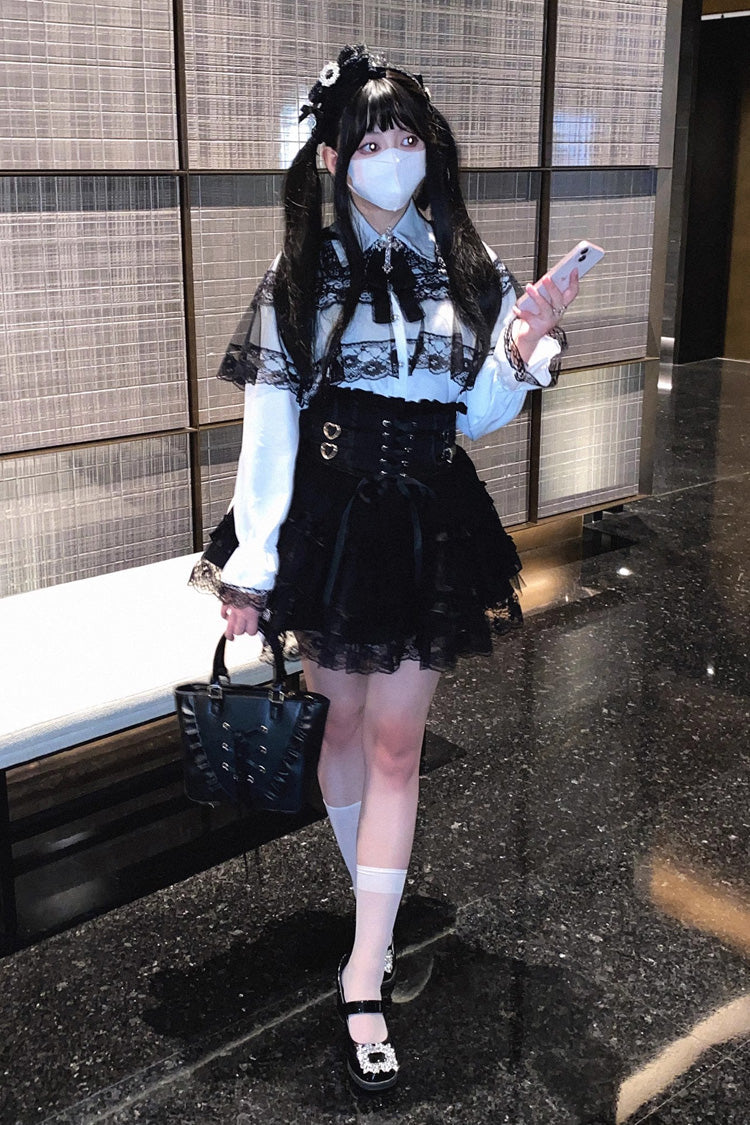 Jirai Kei Blouse with Hollow Lace and Long Sleeves - Mist Veil, 3 Tones