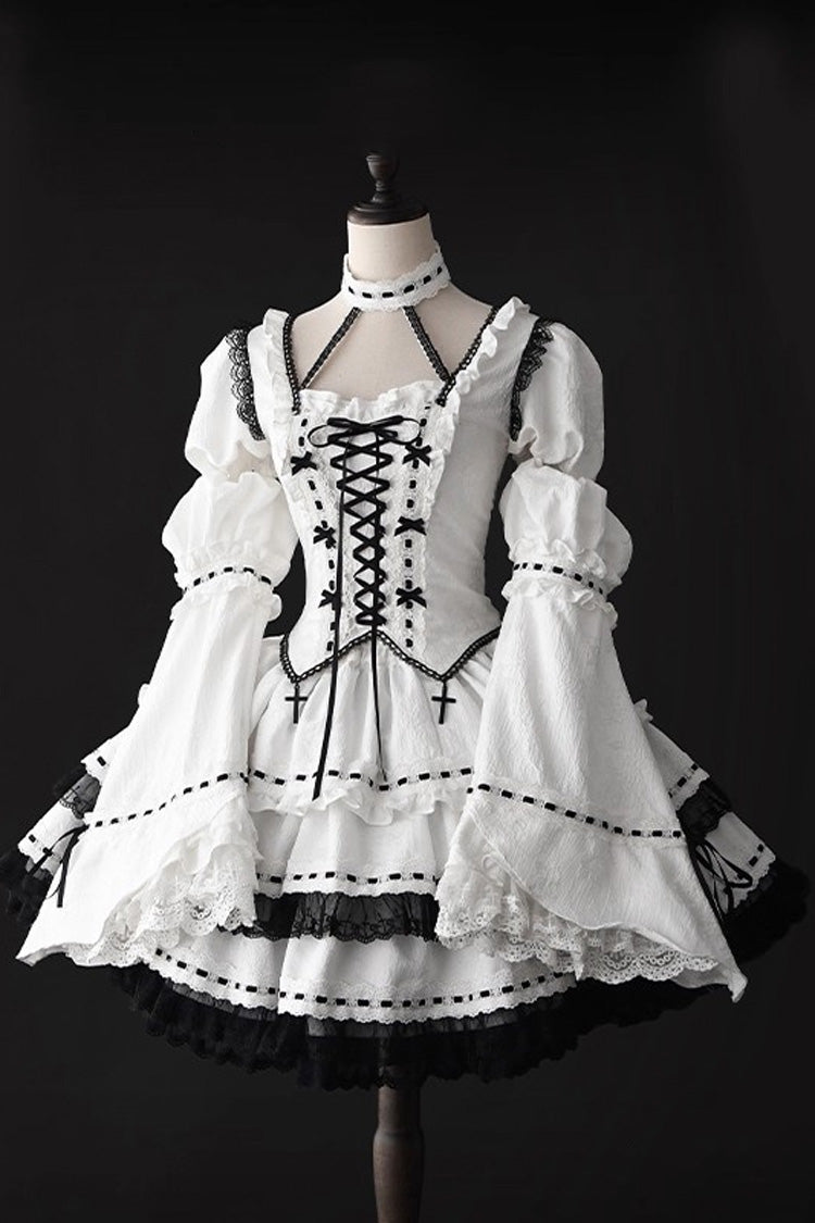 White Long Trumpet Sleeve Double-Layered Ruffled Bow Lace-Up Gothic Skirt Set