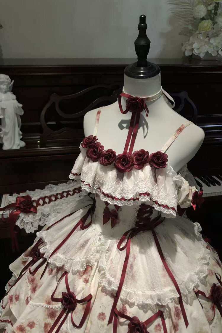 Ivory and Crimson Love Note Sleeveless Multi-Layer Printed Bow Lace-Up Gothic Lolita JSK Set
